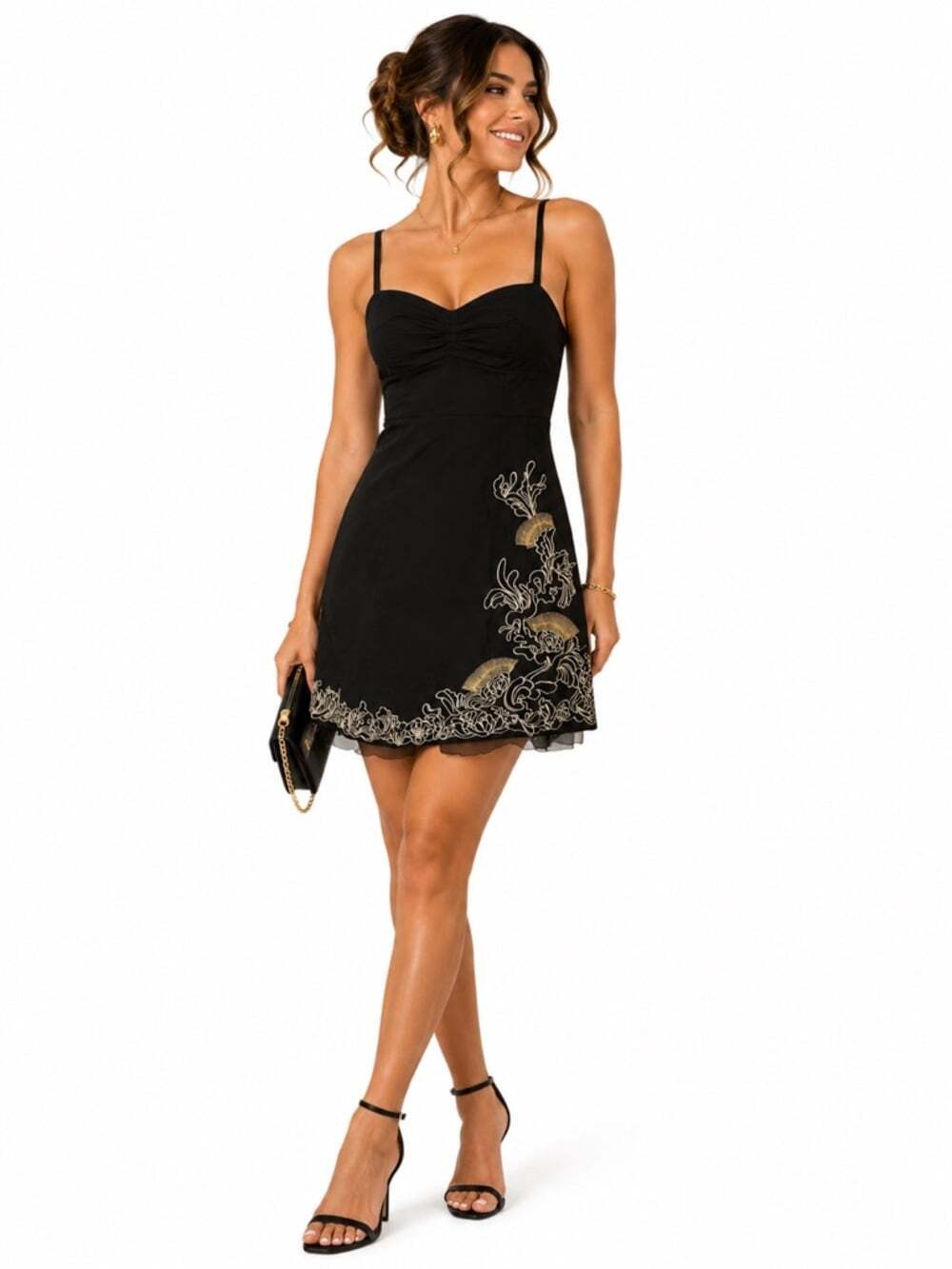 RW&Co Black Embroidered Mini Dress Gold Mesh Party Holiday Size 10